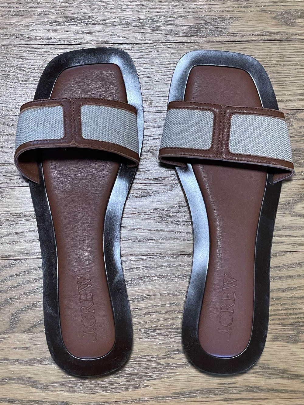 J. Crew Callie Canvas Slide Sandals Brown Leather Trim Square Toe - Sz 8